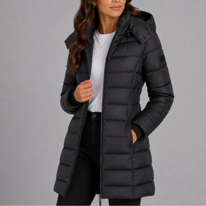 Women's longline hooded quilted puffer jacket with zip front and side pockets