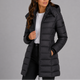 Women's longline hooded quilted puffer jacket with zip front and side pockets