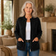 Women's ribbed knit zip-front cardigan with crew neck and patch pockets
