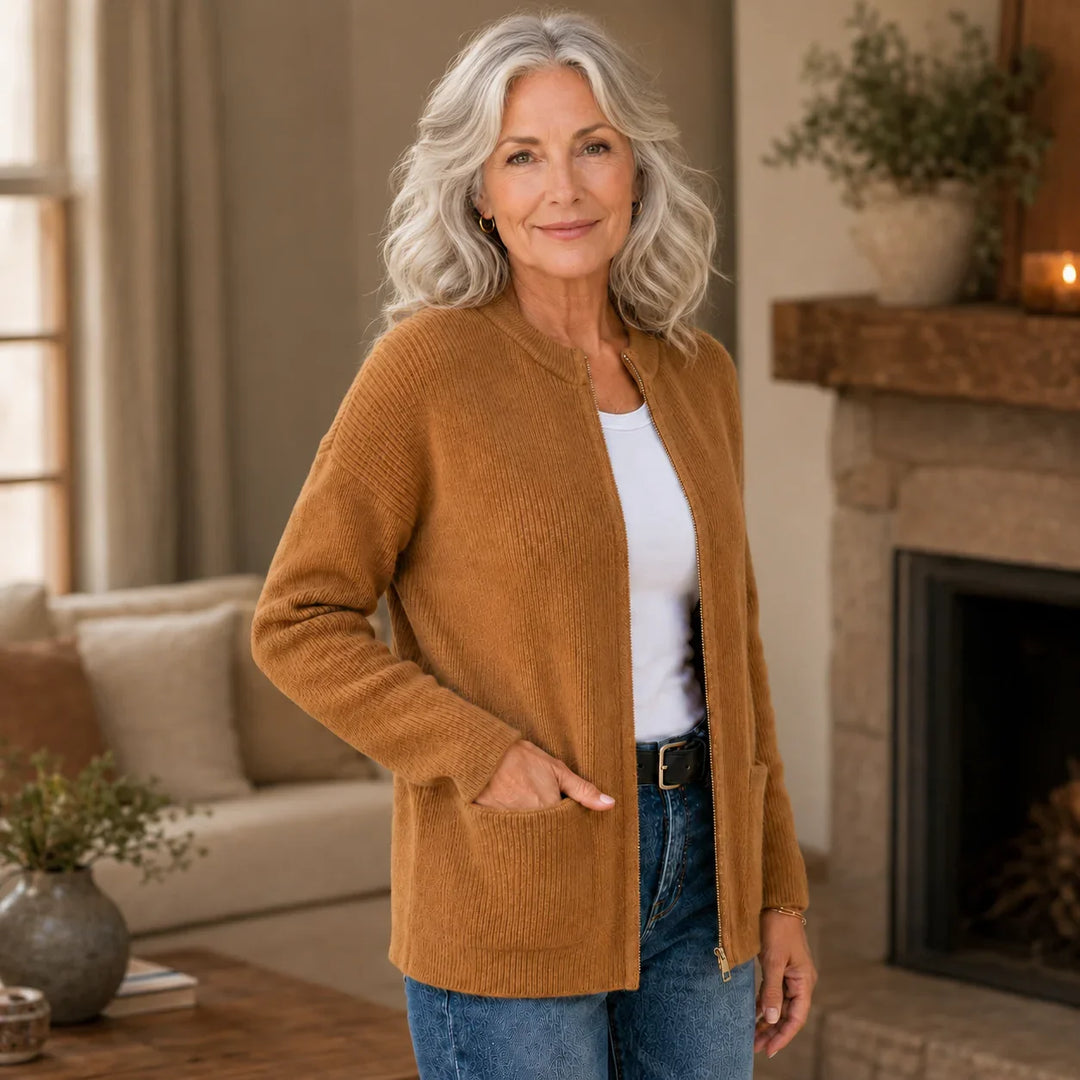Women's ribbed knit zip-front cardigan with crew neck and patch pockets