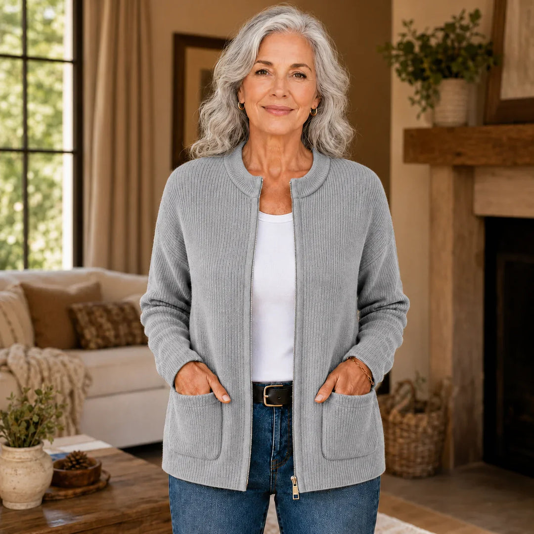 Women's ribbed knit zip-front cardigan with crew neck and patch pockets