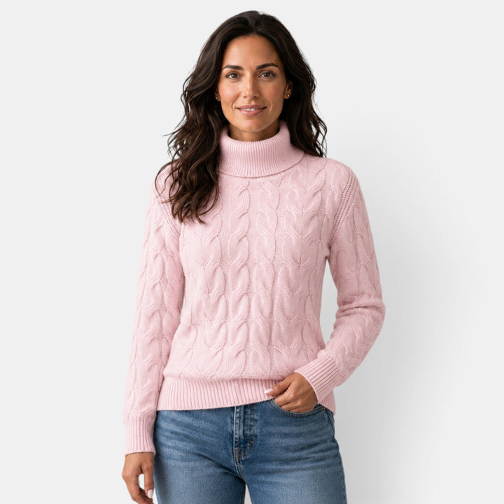Women's long-sleeve cable knit turtleneck sweater with ribbed trims