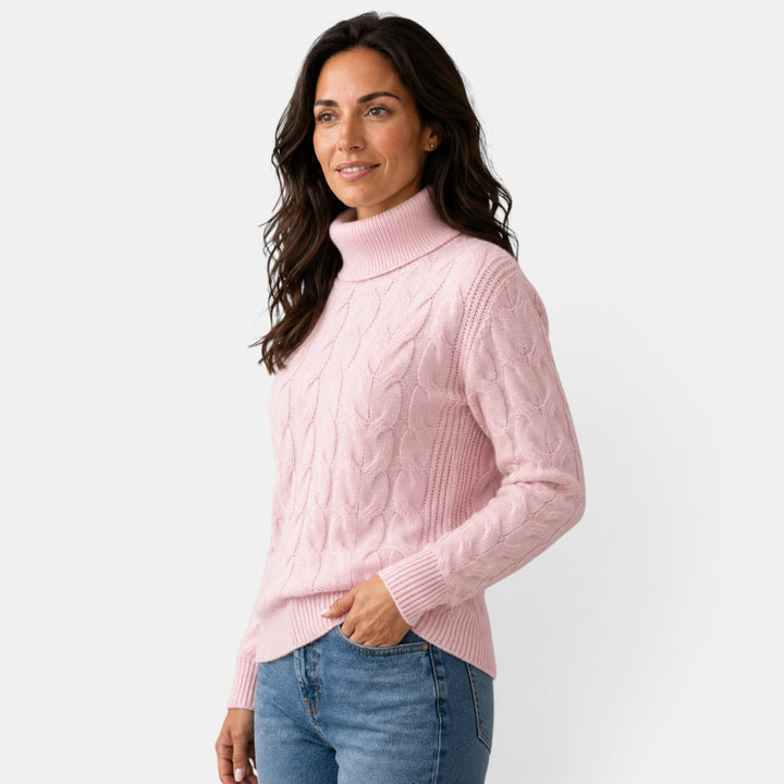 Women's long-sleeve cable knit turtleneck sweater with ribbed trims
