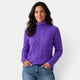 Women's long-sleeve cable knit turtleneck sweater with ribbed trims