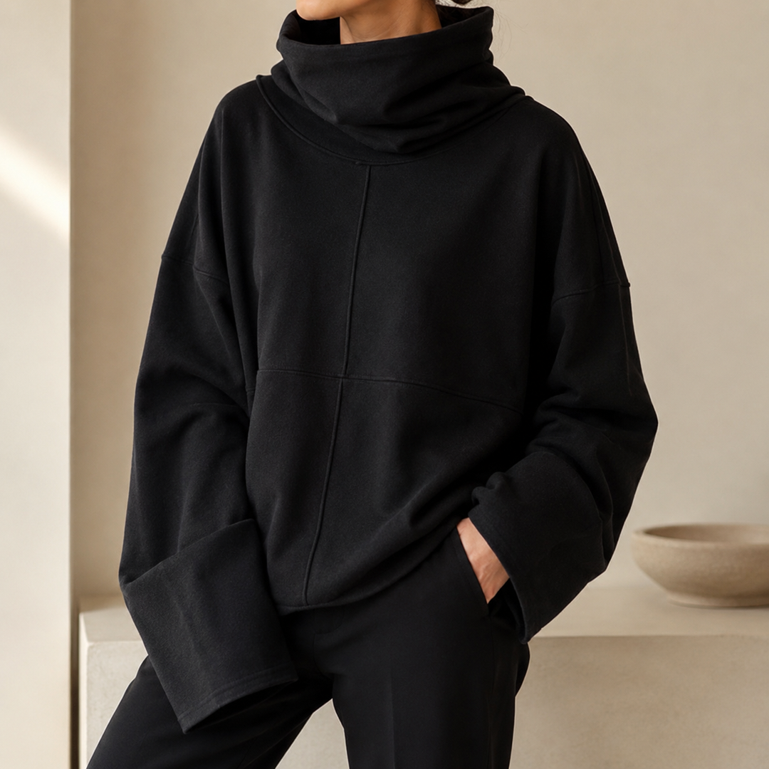 Women's cowl-neck jumper with wide long sleeves and relaxed fit