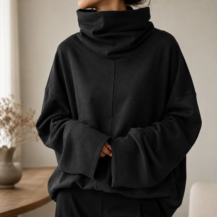 Women's cowl-neck jumper with wide long sleeves and relaxed fit