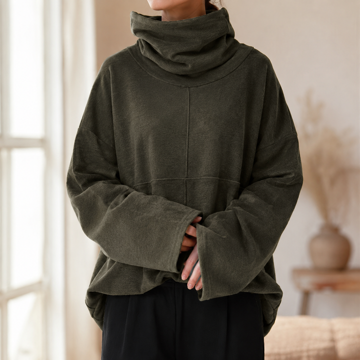 Women's cowl-neck jumper with wide long sleeves and relaxed fit