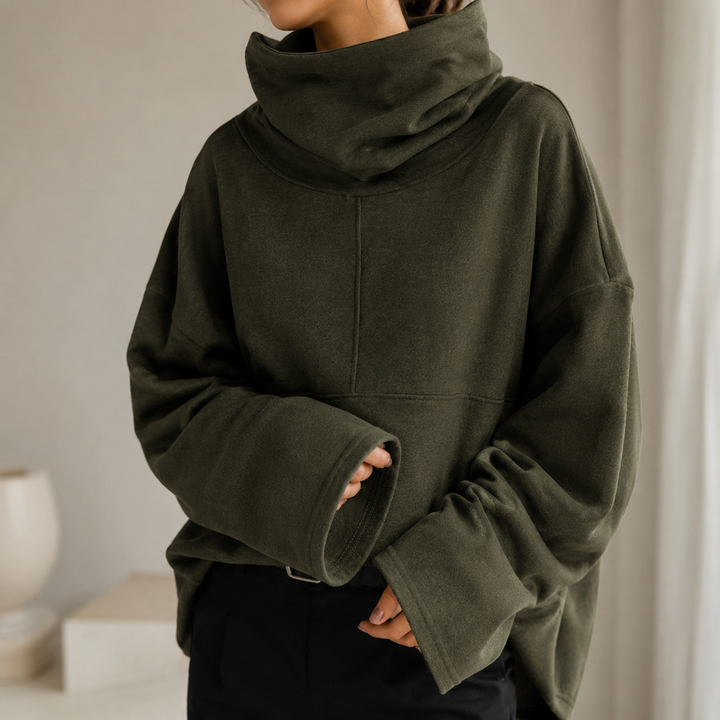 Women's cowl-neck jumper with wide long sleeves and relaxed fit