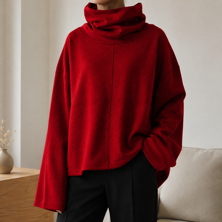 Women's cowl-neck jumper with wide long sleeves and relaxed fit