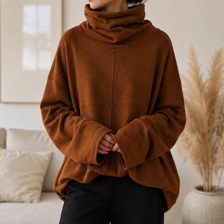 Women's cowl-neck jumper with wide long sleeves and relaxed fit