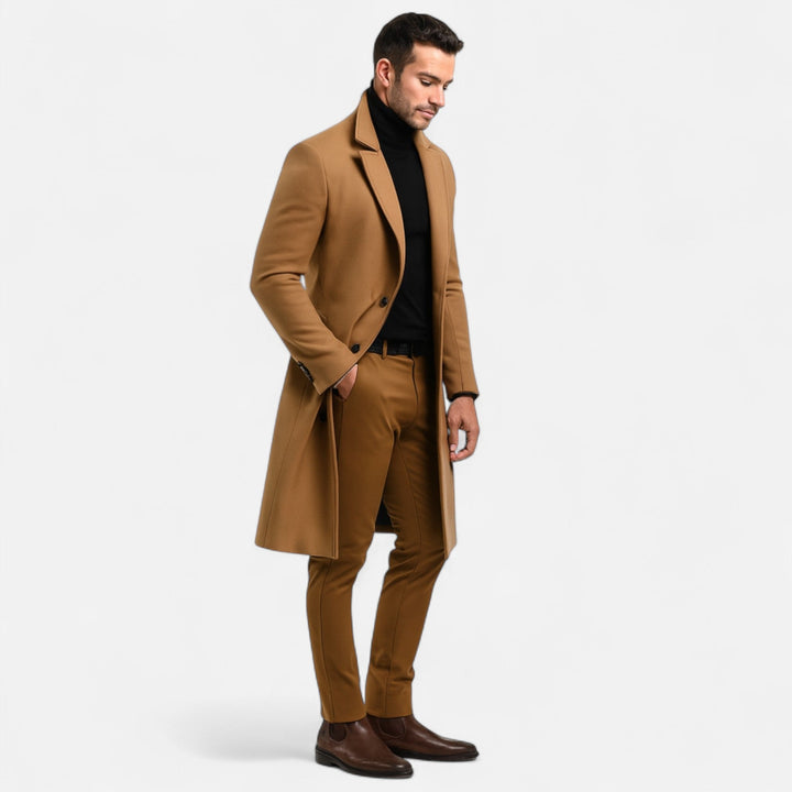 Men's long coat with notched lapels, long sleeves, button front and side pockets