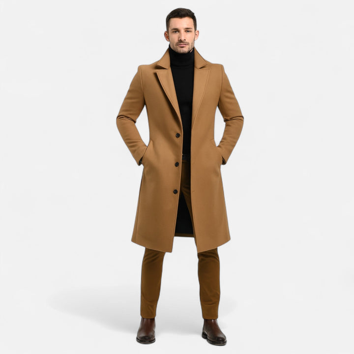 Men's long coat with notched lapels, long sleeves, button front and side pockets