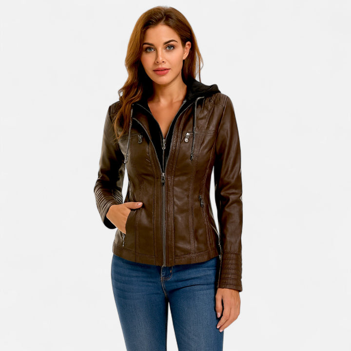 Women's hooded jacket with long sleeves and multiple zipped pockets