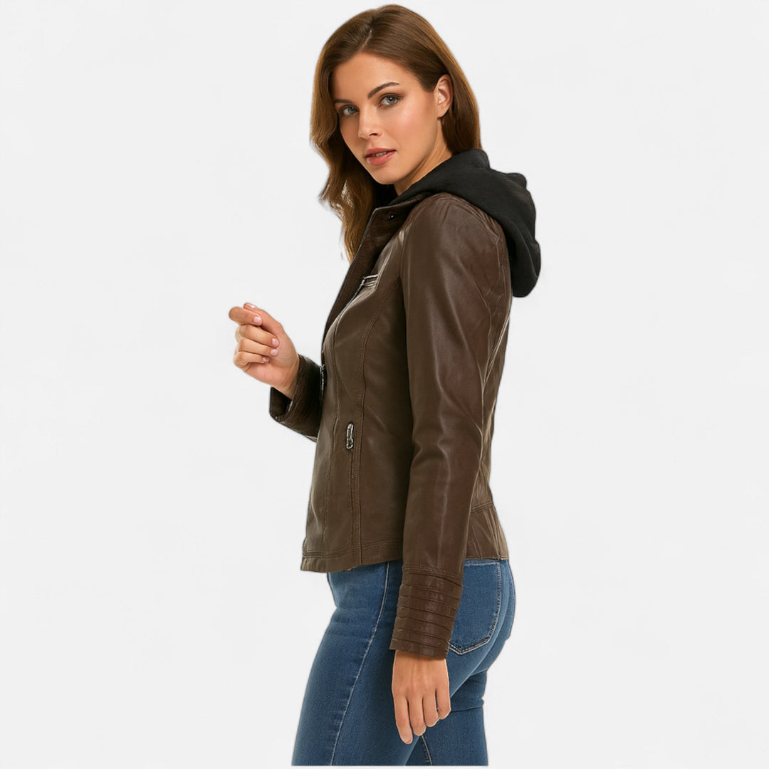 Women's hooded jacket with long sleeves and multiple zipped pockets