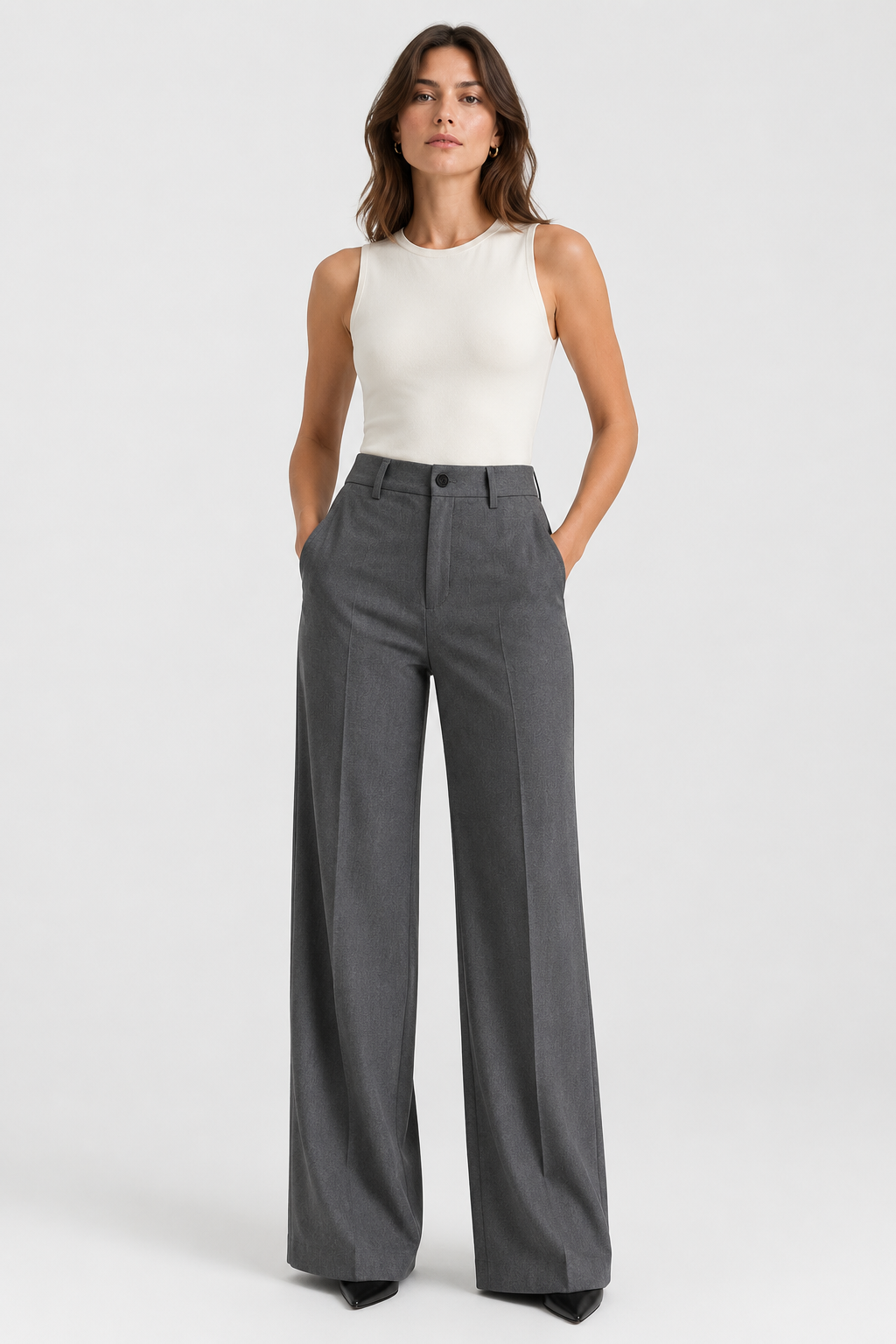Women's wide leg tailored trousers with high waist, belt loops and side pockets