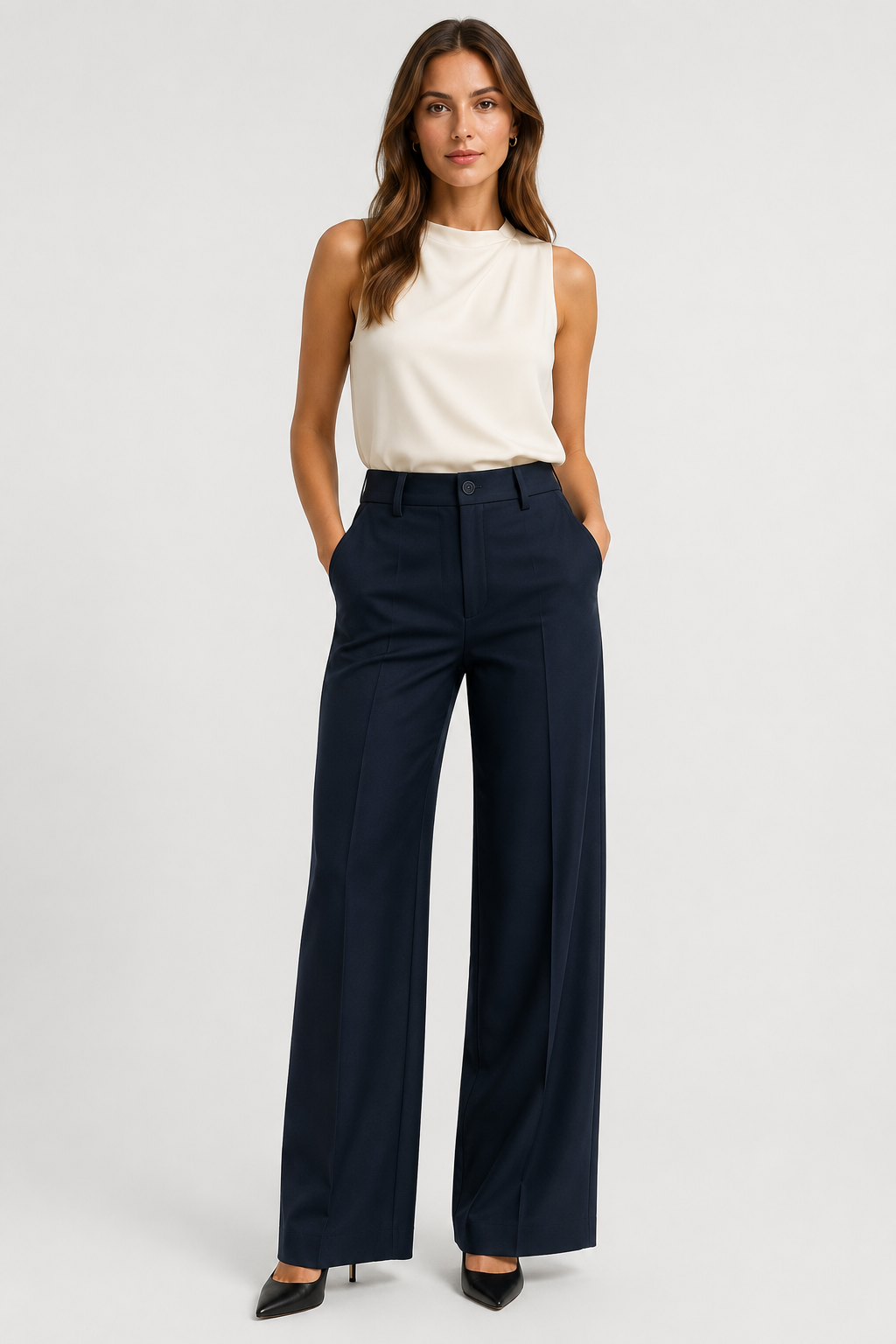 Women's wide leg tailored trousers with high waist, belt loops and side pockets