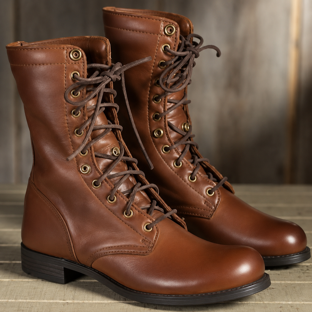 Men's brown lace-up boots with round toes, metal eyelets and low heels