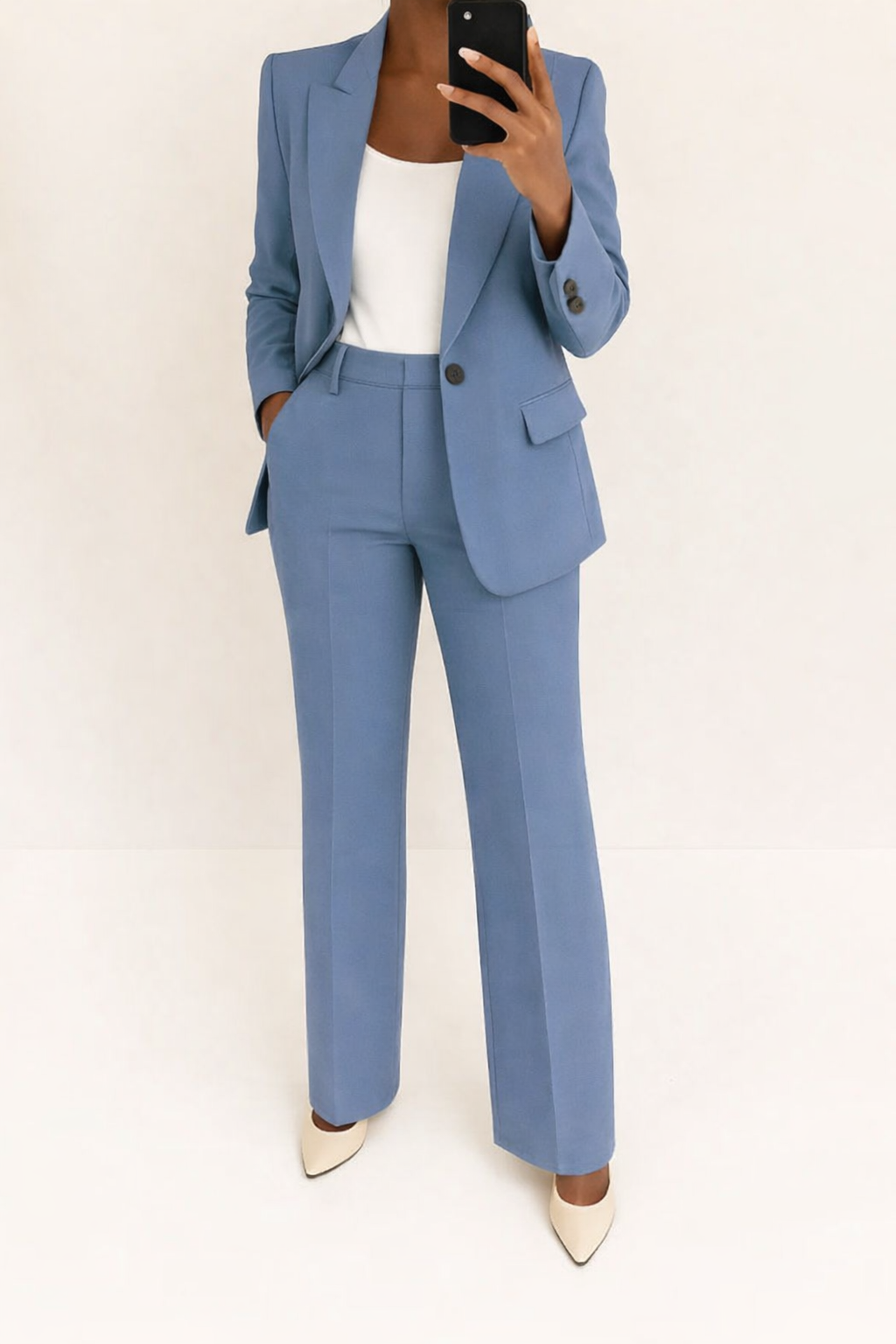 Women's two-piece trouser suit with a single-button blazer and wide-leg pants