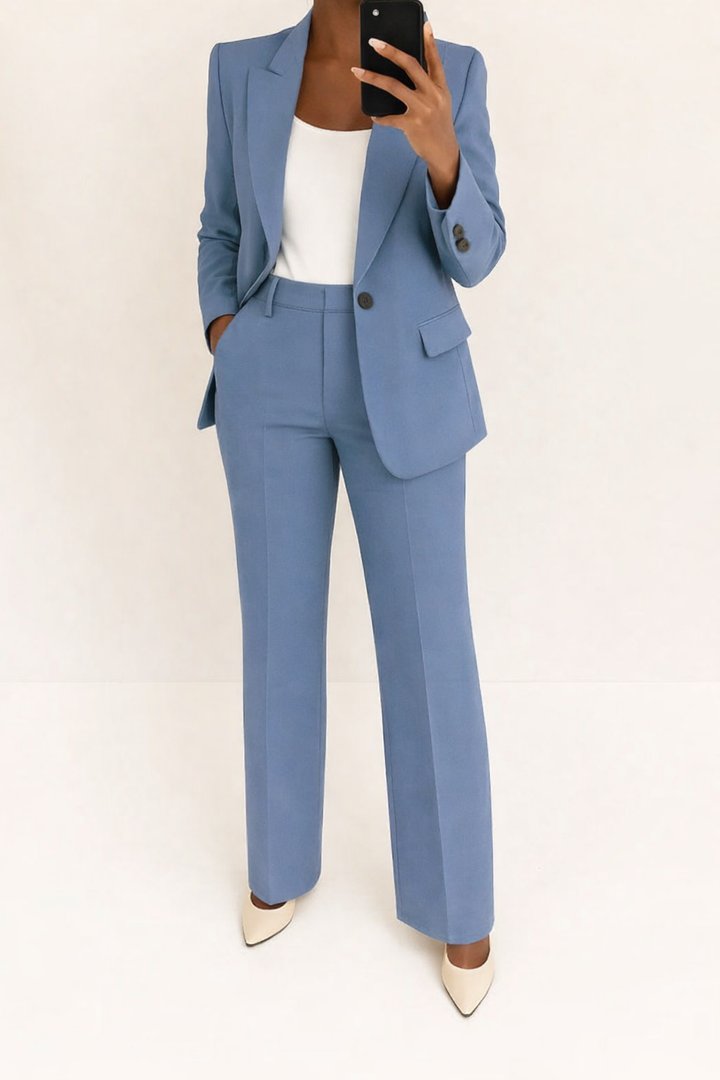 Women's two-piece trouser suit with a single-button blazer and wide-leg pants