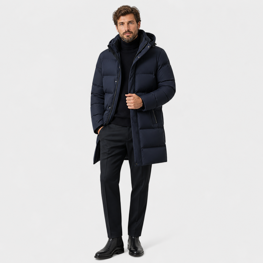 Men's quilted hooded winter parka with long sleeves and mid-thigh length