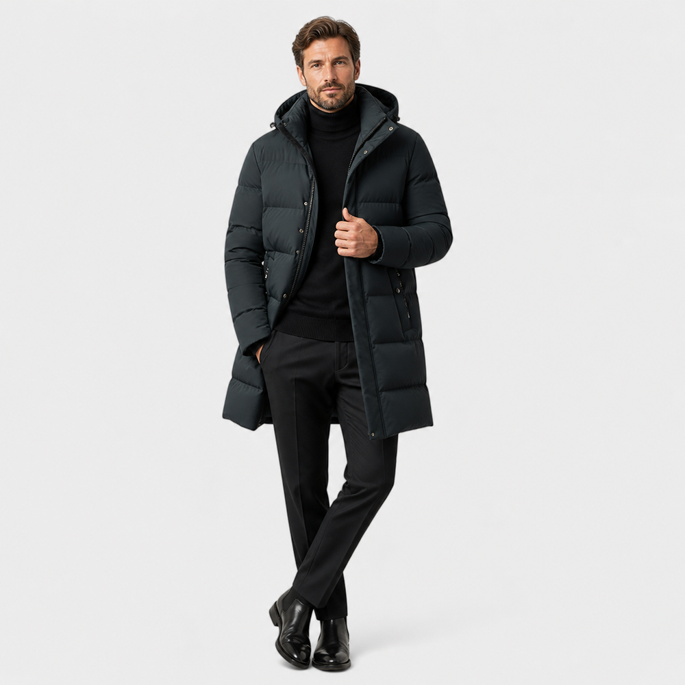 Men's quilted hooded winter parka with long sleeves and mid-thigh length