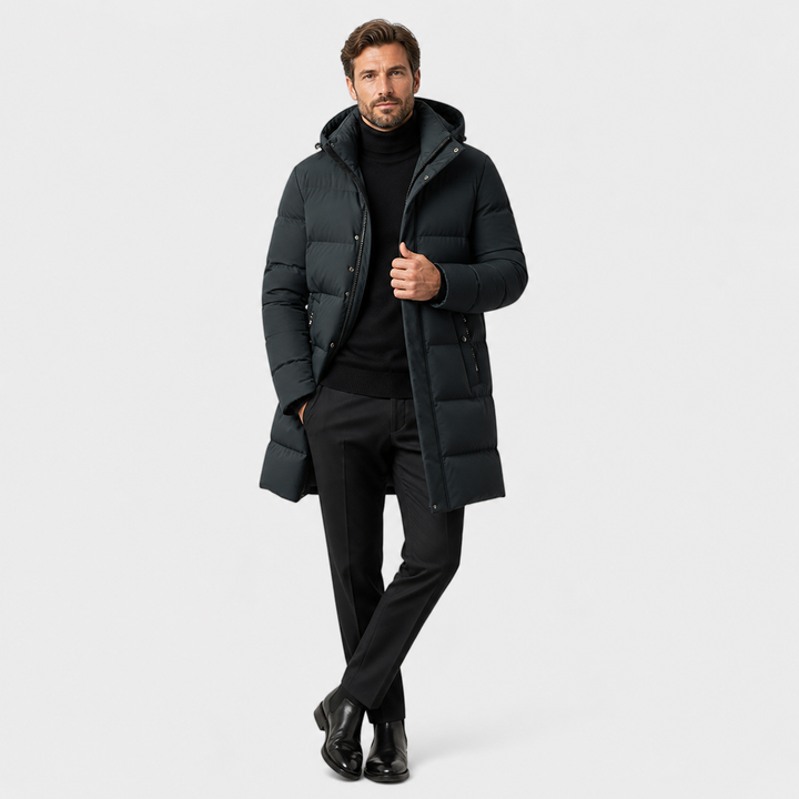 Men's quilted hooded winter parka with long sleeves and mid-thigh length