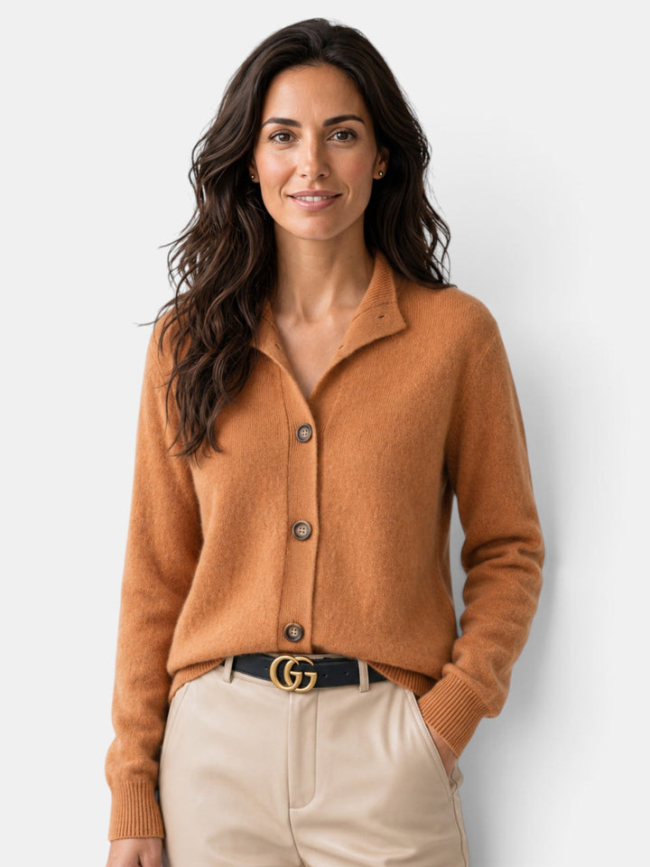 Women's knit cardigan with turn-down collar, button front and long sleeves