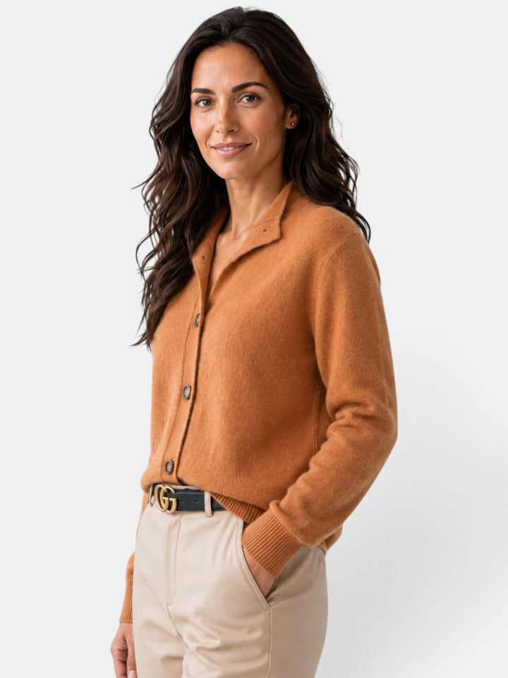 Women's knit cardigan with turn-down collar, button front and long sleeves