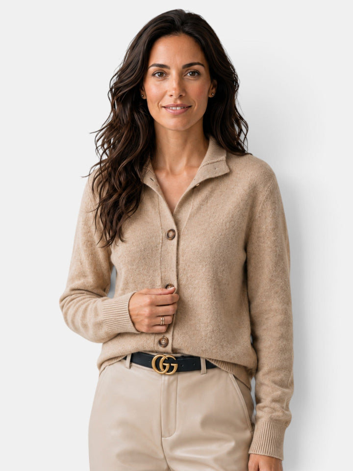 Women's knit cardigan with turn-down collar, button front and long sleeves