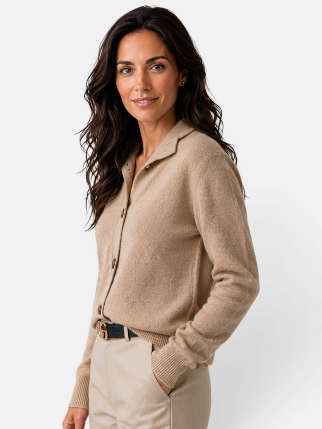 Women's knit cardigan with turn-down collar, button front and long sleeves