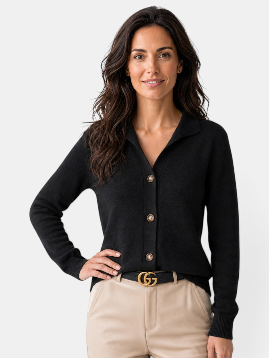 Women's knit cardigan with turn-down collar, button front and long sleeves