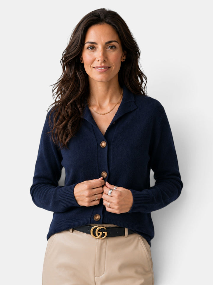 Women's knit cardigan with turn-down collar, button front and long sleeves