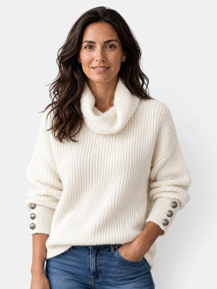 Women's ribbed turtleneck sweater with long sleeves and button cuffs
