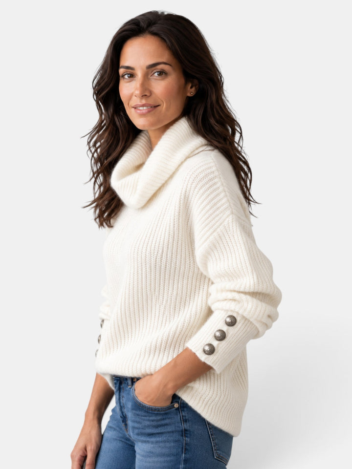 Women's ribbed turtleneck sweater with long sleeves and button cuffs