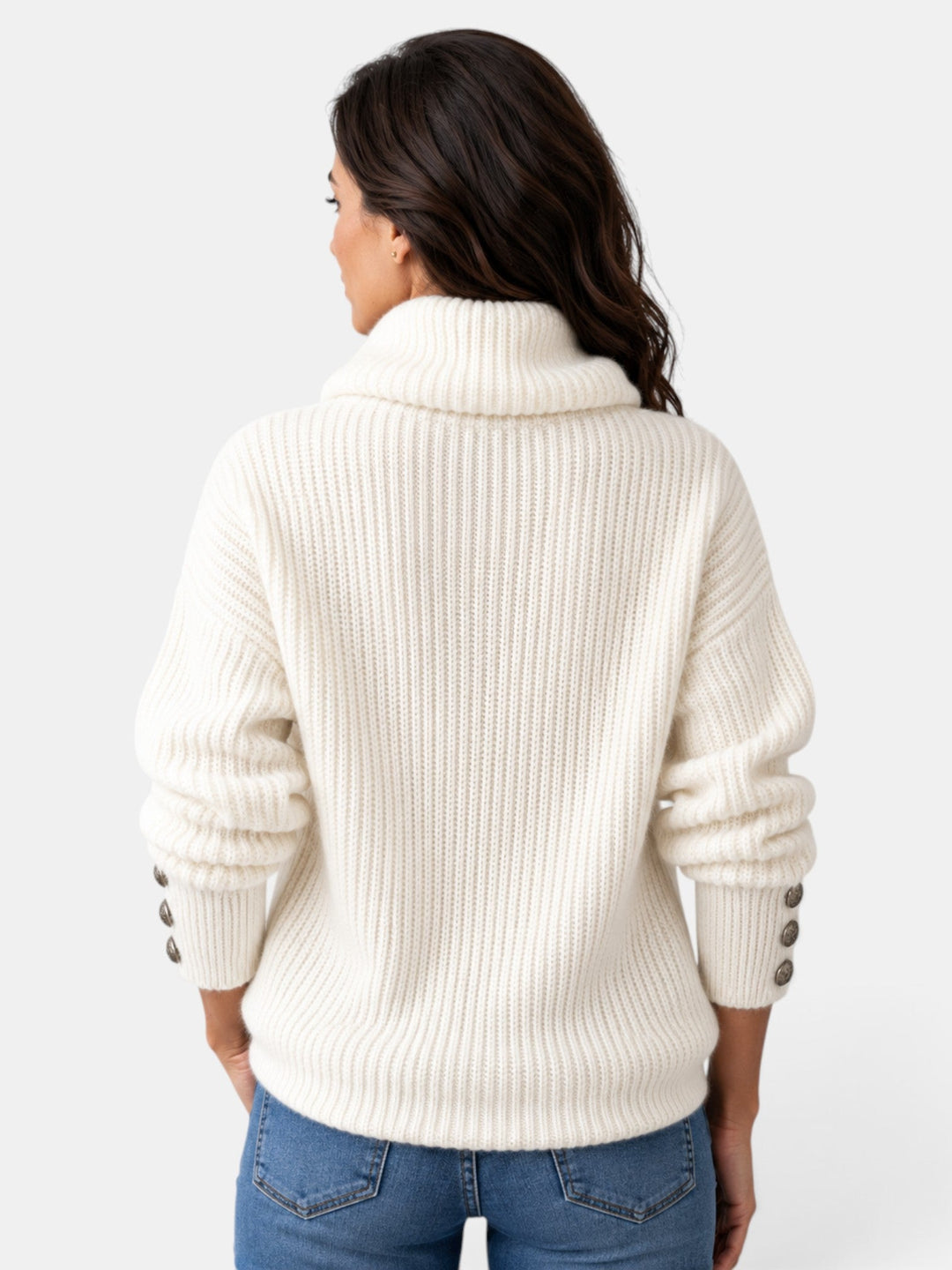 Women's ribbed turtleneck sweater with long sleeves and button cuffs