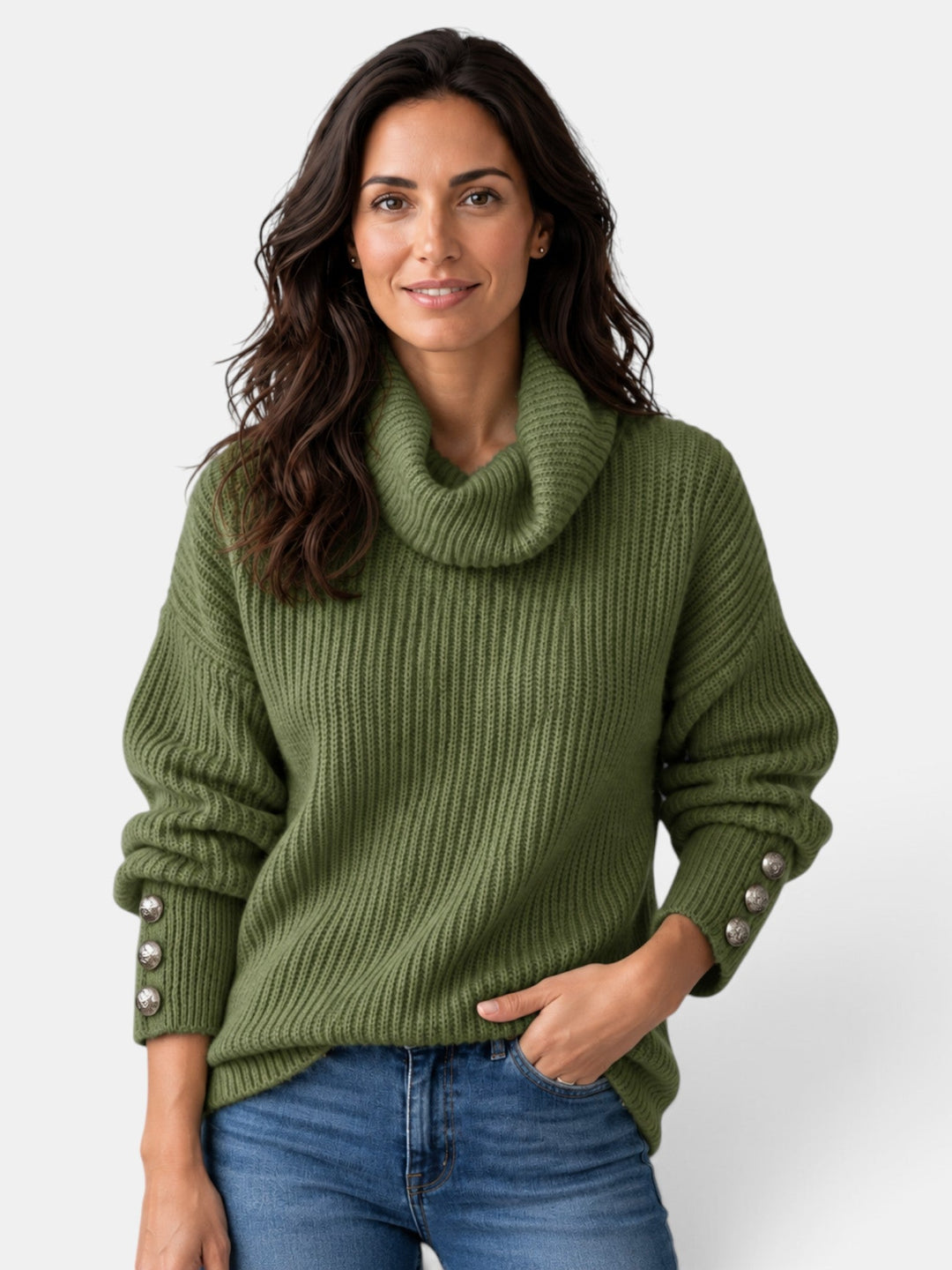 Women's ribbed turtleneck sweater with long sleeves and button cuffs