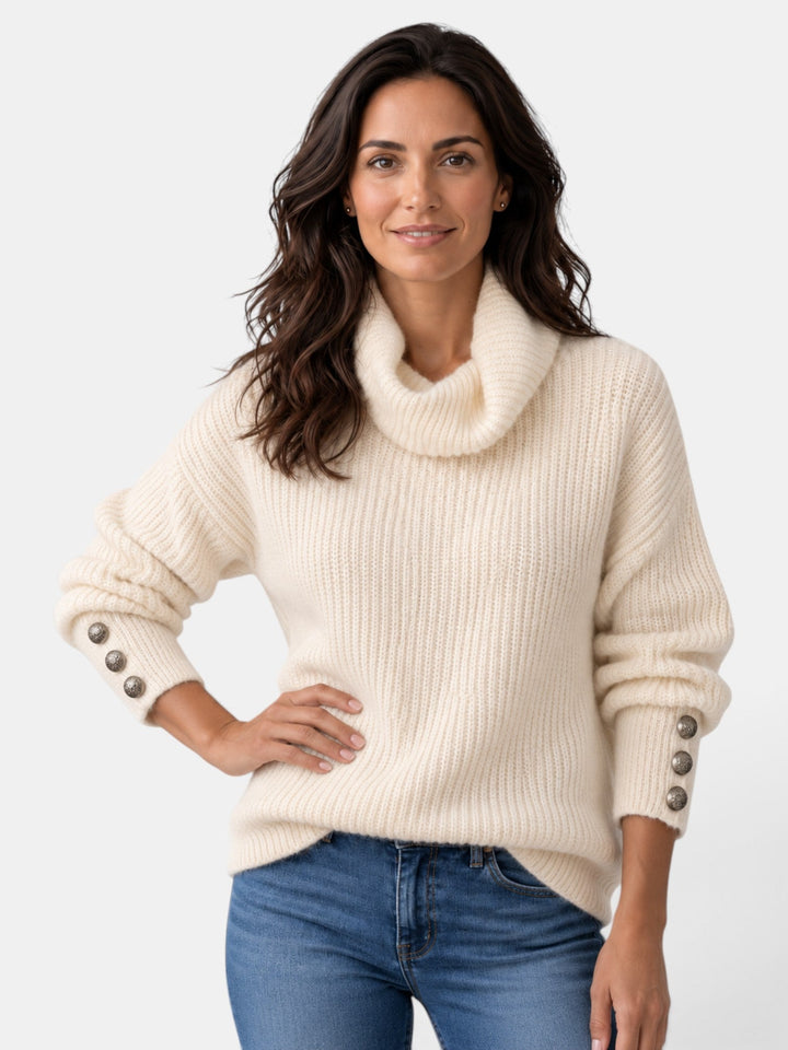 Women's ribbed turtleneck sweater with long sleeves and button cuffs
