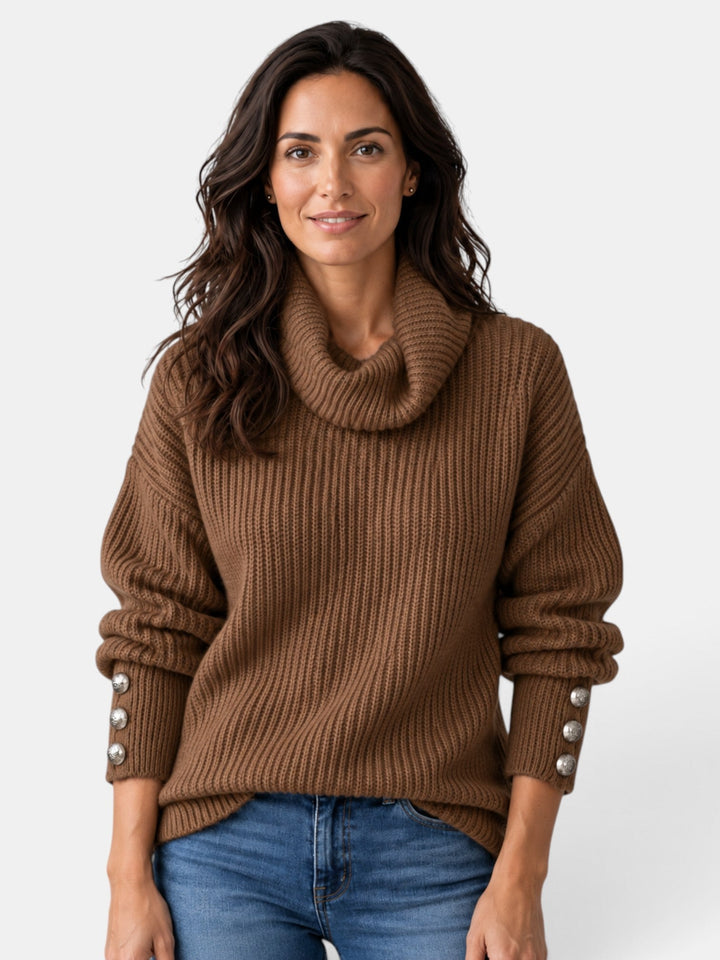 Women's ribbed turtleneck sweater with long sleeves and button cuffs
