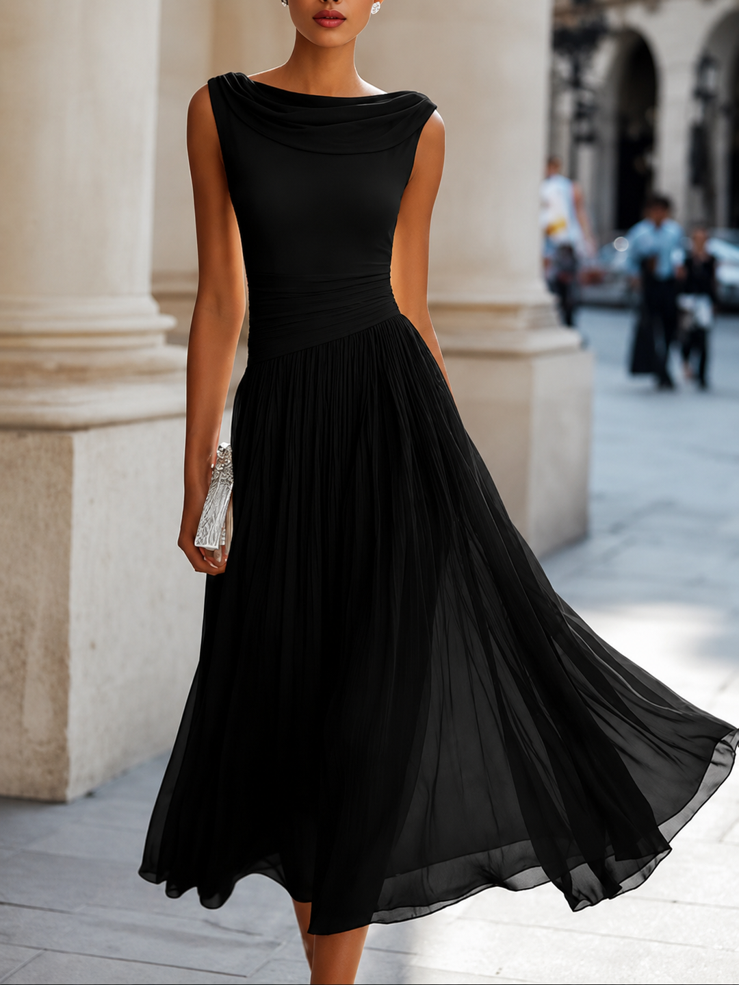 Women's sleeveless boat neck midi dress with pleated skirt in white and black