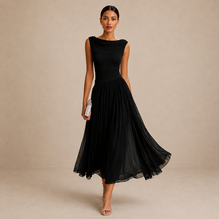 Women's sleeveless boat neck midi dress with pleated skirt in white and black