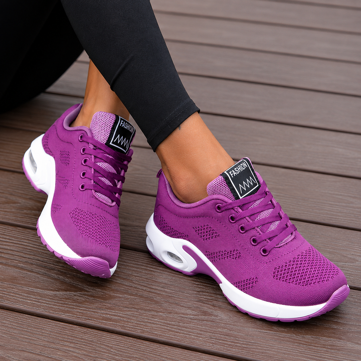 Women's white perforated mesh lace-up walking shoes with cushioned sole