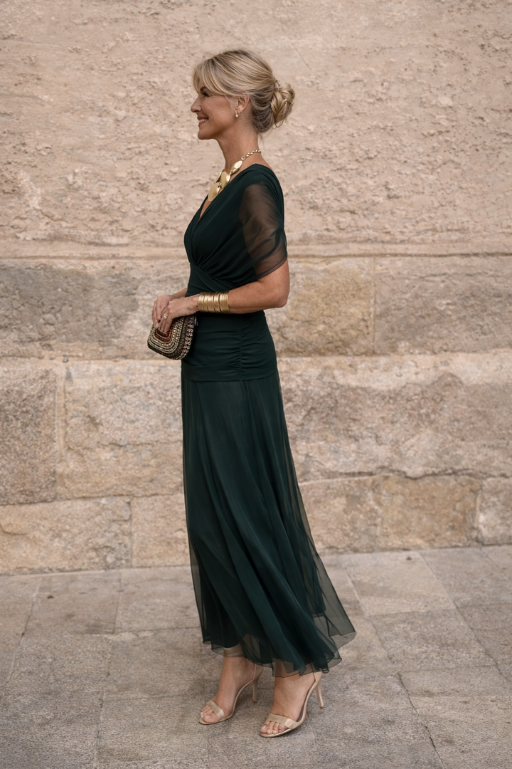 Women's maxi dress with V-neck wrap front and short sleeves in bottle green
