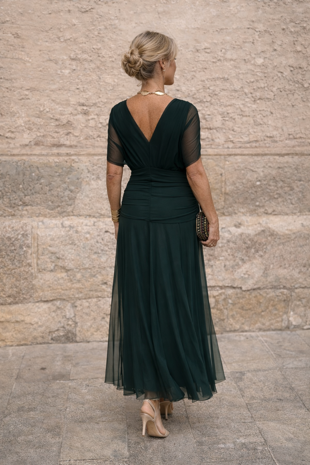 Women's maxi dress with V-neck wrap front and short sleeves in bottle green