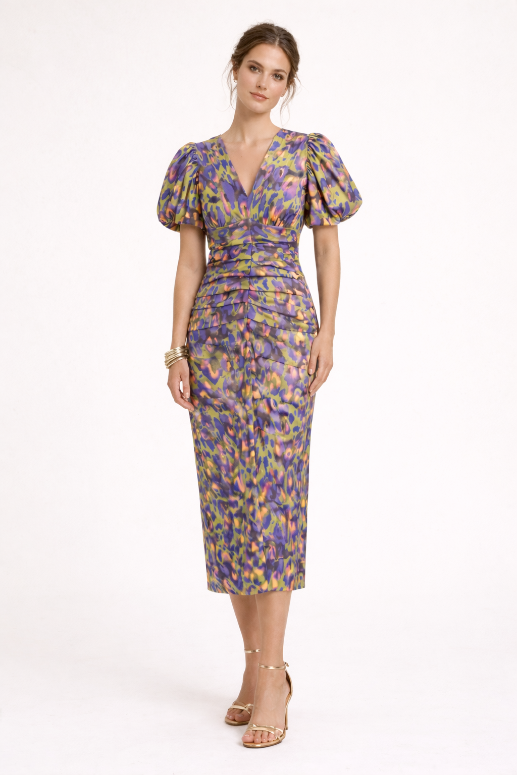 Women's patterned midi dress with puff sleeves and V-neckline in purple and yellow geometric print