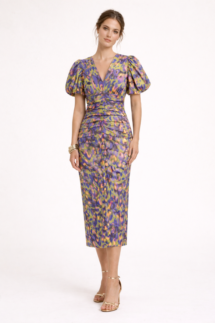 Women's patterned midi dress with puff sleeves and V-neckline in purple and yellow geometric print