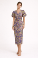 Women's patterned midi dress with puff sleeves and V-neckline in purple and yellow geometric print