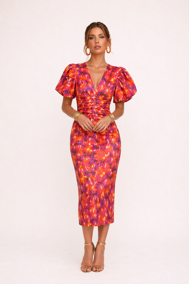 Women's patterned midi dress with puff sleeves and V-neckline in purple and yellow geometric print