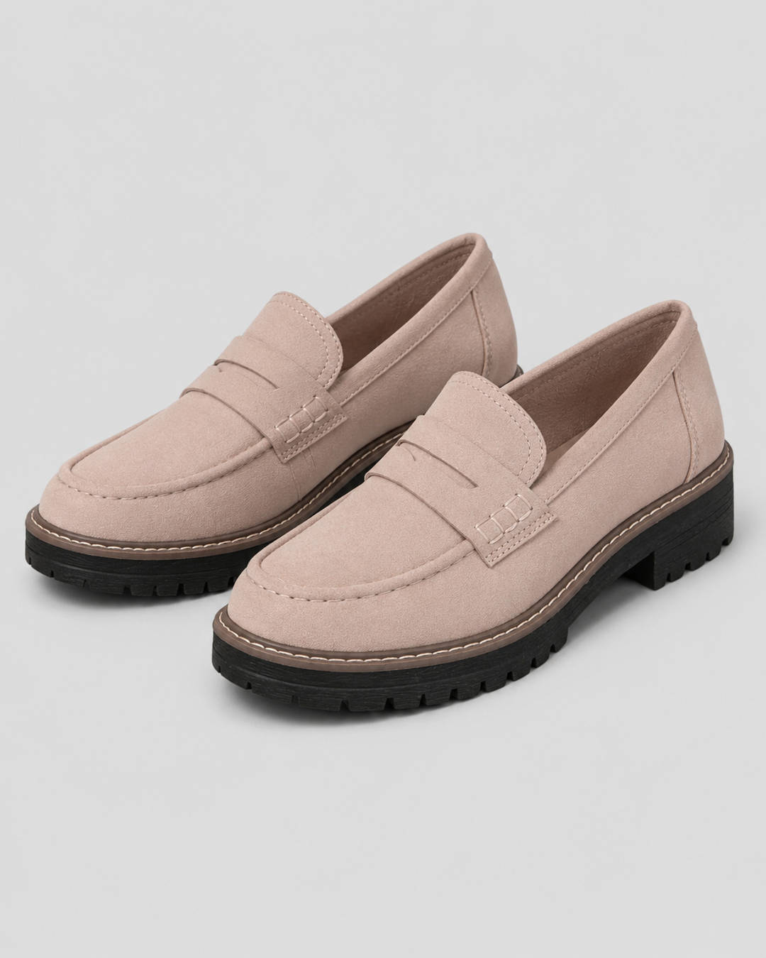 Women's penny loafers with round toe and lug sole