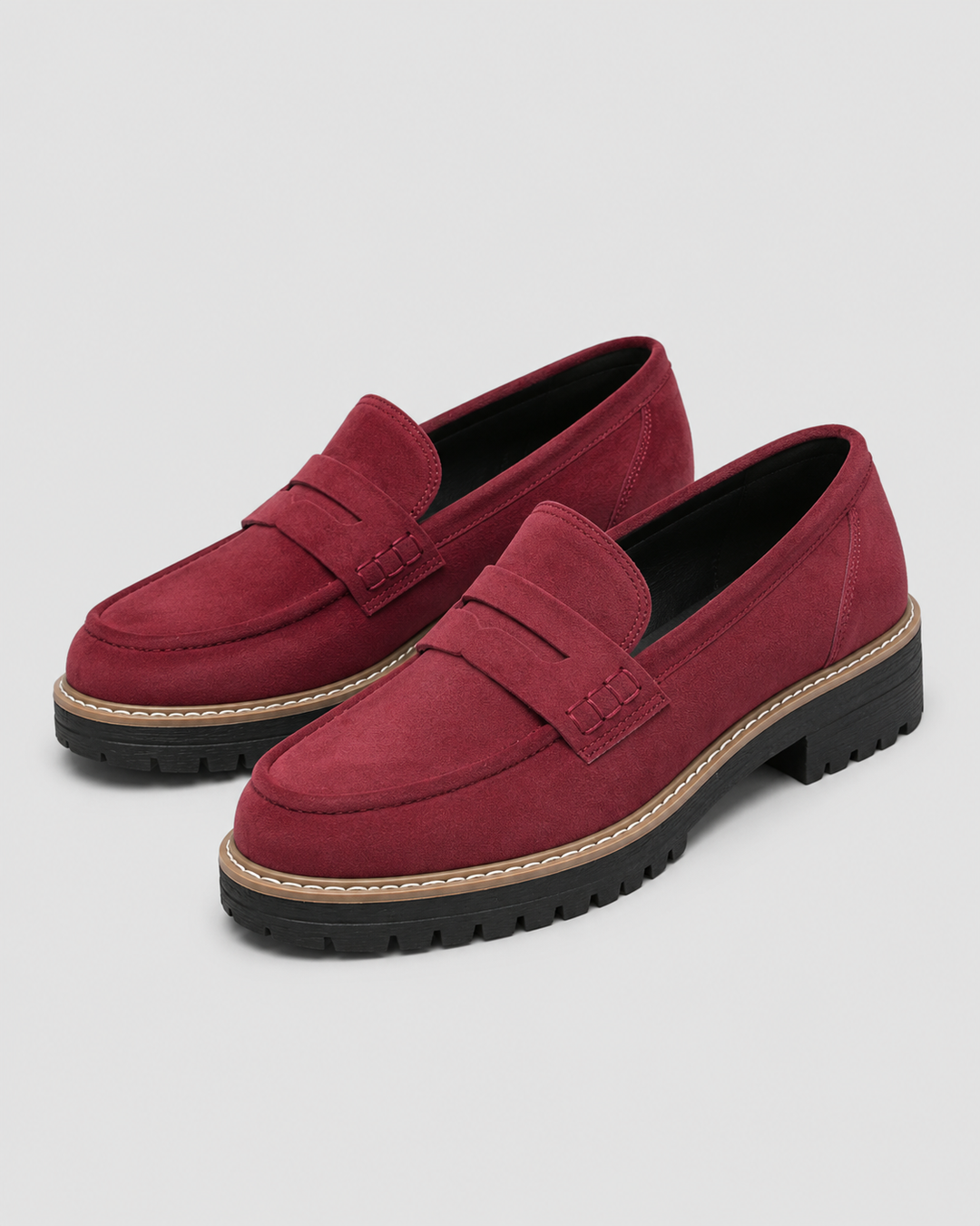 Women's penny loafers with round toe and lug sole