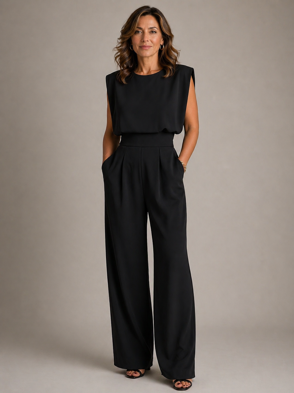 Women's Sleeveless Wide Leg Jumpsuit, Pleated High Waist